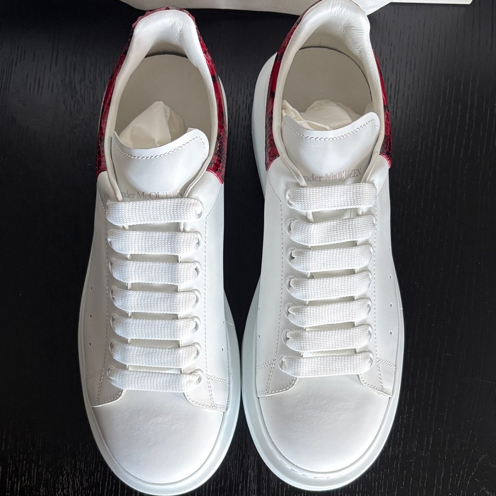 Alexander McQueen White Sneakers with Red Snakeskin Detail